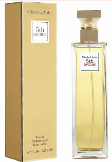 Elizabeth Arden 5th Avenue Eau de Parfum spray bottle next to its gold-colored packaging box, featuring a clear glass bottle with pale yellow liquid and a gold cap.