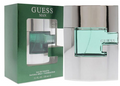 Guess Man Eau de Toilette perfume bottle with its green and silver packaging box, featuring a translucent mint green glass bottle and a silver cap.