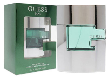 Guess Man Eau de Toilette perfume bottle with its green and silver packaging box, featuring a translucent mint green glass bottle and a silver cap.
