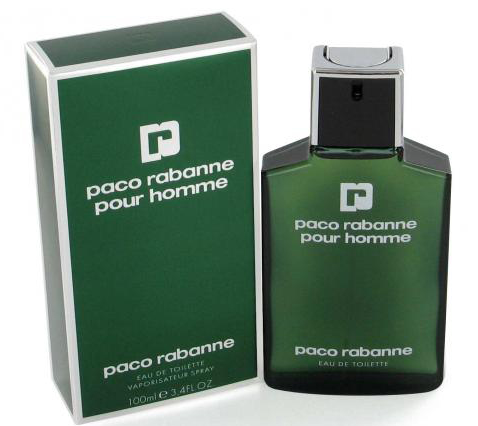 Paco Rabanne Pour Homme Eau de Toilette bottle and its green packaging box, featuring a dark green translucent bottle and box with white text and logo.