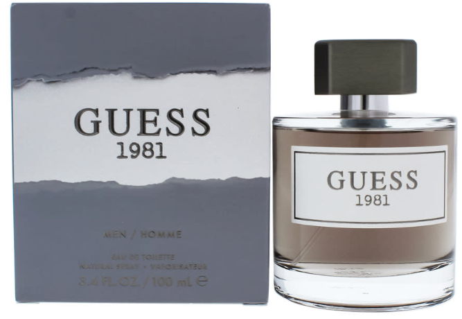 Guess 1981 Men's Toilette Eau de Toilette bottle and its packaging box, featuring a gray and white torn-paper design with the brand name 'GUESS 1981' on both items.