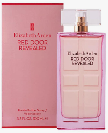 Elizabeth Arden Red Door Revealed Eau de Parfum spray bottle next to its pink packaging box.