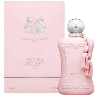 A pink perfume bottle with a silver cap and pink tassel charm stands in front of a matching pink box. The bottle and box are labeled Parfums de Marly Delina Exclusif.