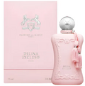 A pink perfume bottle with a silver cap and pink tassel charm stands in front of a matching pink box. The bottle and box are labeled Parfums de Marly Delina Exclusif.