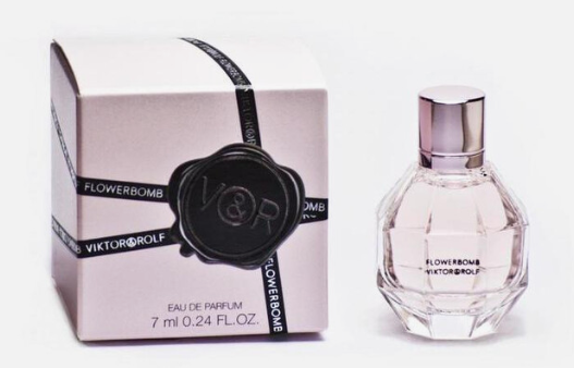 Viktor&Rolf Flowerbomb Eau de Parfum 7ml bottle next to its light pink packaging box with a black wax seal.