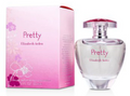Elizabeth Arden Pretty Eau de Parfum bottle and its pink floral packaging box on a white background.