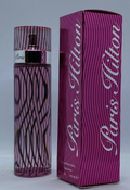 A Paris Hilton perfume bottle with a pink and black wavy pattern next to its matching pink packaging box, featuring the Paris Hilton logo.