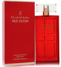 Elizabeth Arden Red Door Eau de Toilette spray bottle and its red packaging box, featuring a vibrant red glass bottle and box with gold lettering and a clear cap.
