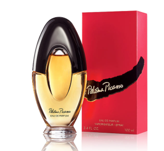 A bottle of Petra Picasso Eau de Parfum with a black and gold cap, next to its red packaging box with a black brushstroke design.