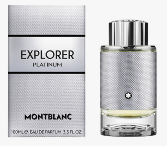 Montblanc Explorer Platinum Eau de Parfum 100ml bottle next to its textured silver packaging box on a white background.