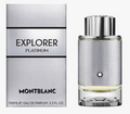Montblanc Explorer Platinum Eau de Parfum 100ml bottle next to its textured silver packaging box on a white background.