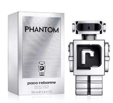 Paco Rabanne Phantom Eau de Toilette bottle and packaging box, featuring a metallic silver robot-shaped bottle and a matching silver box with black text.