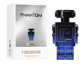 A bottle of Rabanne Phantom Intense Eau de Parfum next to its white and silver packaging box, featuring a distinctive blue and black geometric robot-like bottle design.