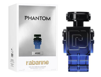 A bottle of Rabanne Phantom Intense Eau de Parfum next to its white and silver packaging box, featuring a distinctive blue and black geometric robot-like bottle design.