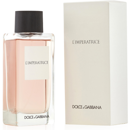 Dolce & Gabbana L'Imperatrice Eau de Toilette perfume bottle with a black cap next to its cream-colored packaging box, on a white background.