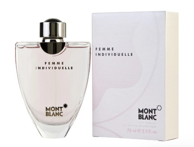 Mont Blanc Femme Individuelle eau de parfum bottle with a silver cap next to its white packaging box, on a white background.