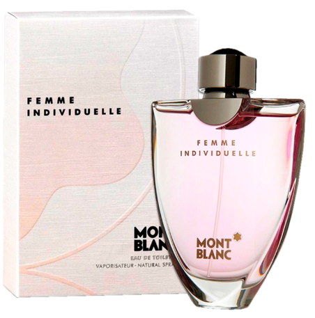 Mont Blanc Femme Individuelle Eau de Toilette perfume bottle with pink liquid and a metallic cap, shown next to its white and pale pink packaging box.