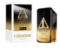 Rabanne Million Elixir Parfum Elixir fragrance shown with its retail box and bottle. The packaging features a black-to-gold gradient with a gold pyramid emblem and the brand name 'rabanne' in gold at the bottom.