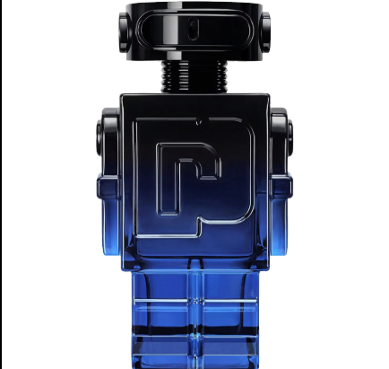 A designer perfume bottle shaped like a blocky robot, featuring a glossy black upper section with a large stylized 'P' emblem and a translucent deep blue lower body, set against a plain white background.