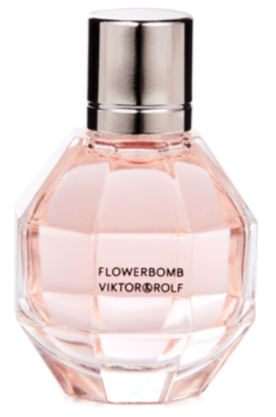 Viktor & Rolf Flowerbomb perfume bottle with a faceted clear glass body containing pale pink liquid and a shiny silver cap, on a white background.