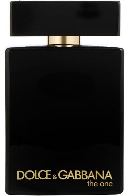 Dolce & Gabbana The One perfume bottle, featuring a glossy black rectangular bottle and cap with a gold collar and gold lettering on a white background.