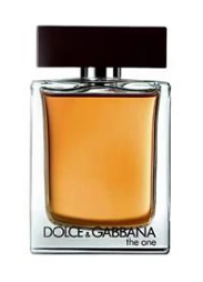 Dolce & Gabbana The One Eau de Toilette perfume bottle with amber-colored liquid, a clear glass body, and a black cap, shown against a plain white background.