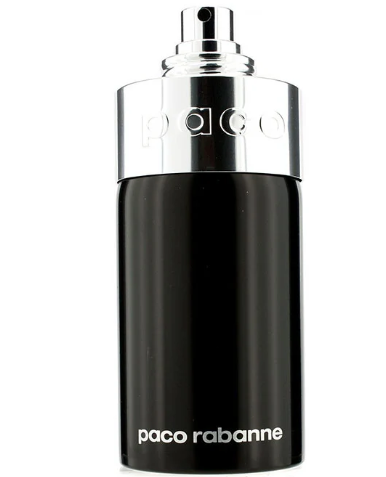Paco Rabanne Black Label perfume bottle with a glossy black cylindrical body and a shiny silver spray nozzle, shown on a plain white background.