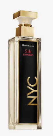 Elizabeth Arden 5th Avenue NYC perfume bottle with a black label, gold lettering, and a gold cap on a white background.