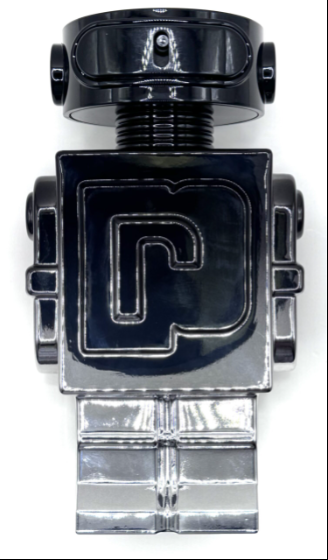 A glossy black and silver metallic bottle shaped like a stylized robot head and shoulders, featuring a large embossed letter 'P' on the chest, photographed against a plain white background.