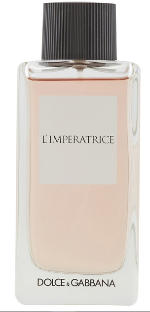 Dolce & Gabbana L'Imperatrice Eau de Toilette bottle, featuring a clear glass container filled with a pale peach-pink liquid, a white label with black text, and a ribbed black cap.