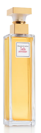 A rectangular glass perfume bottle with a gold cap and a gold-foiled label frame. The bottle is filled with a golden-yellow liquid and features a white label with the text 'Elizabeth Arman 5th avenue'.