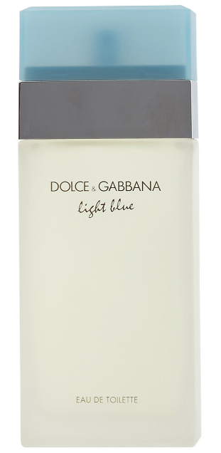 Dolce & Gabbana Light Blue Eau de Toilette bottle with a light blue cap, a dark gray metallic band, and a frosted off-white body.