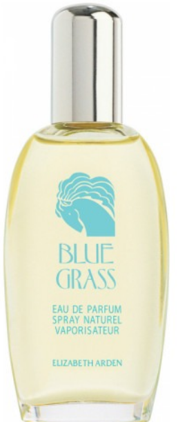 Elizabeth Arden Blue Grass Eau de Parfum spray bottle with a silver cap and pale yellow liquid, featuring a turquoise horse logo and text on a white background.