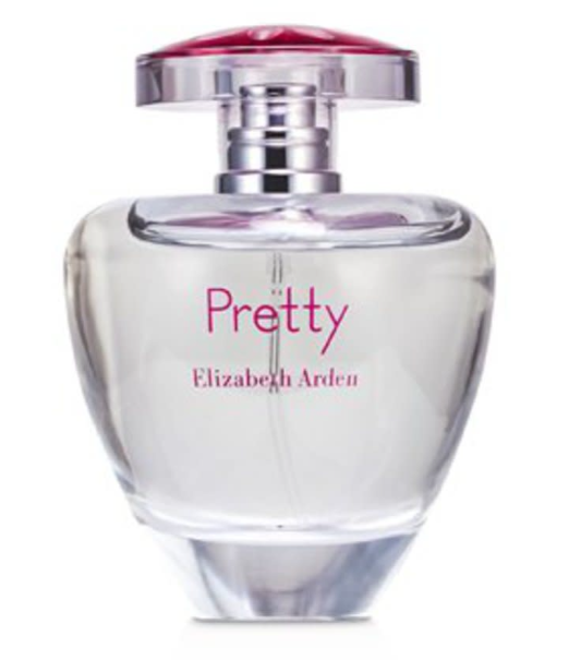 Elizabeth Arden Pretty Eau de Toilette perfume bottle with a clear glass body, silver cap, and a metallic red top, on a white background.