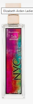 Elizabeth Arden NYC Vibe 5th Avenue Eau de Parfum bottle with a colorful gradient label and a beige cap, shown against a white background with a top banner reading 'Elizabeth Arden Ladies'.