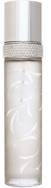 A cylindrical frosted glass cosmetic bottle with a reflective silver cap and a textured silver band near the top, featuring white floral etched patterns on the front.