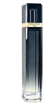 A tall rectangular perfume bottle with a faceted clear glass body, a black cap, and a gold band around the upper middle. The label reads 'GOLDEN RUSH'
