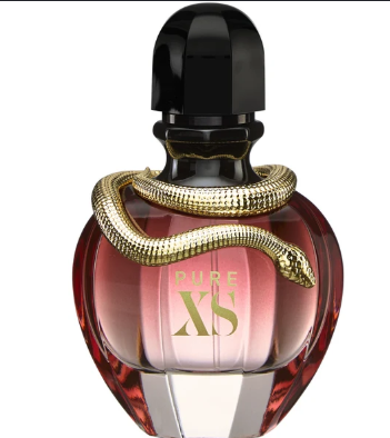 A bottle of Pure XS perfume with a pink gradient glass body, a black cap, and a gold snake wrapped around the neck, on a white background.