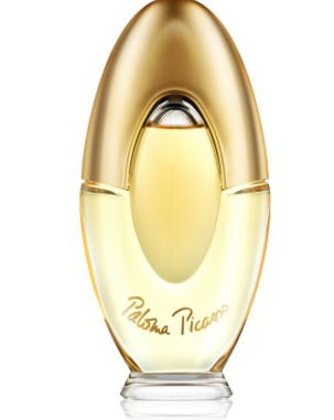 A bottle of paloma picasso Eau de Parfum with a metallic gold cap and a clear glass body showing the pale yellow liquid inside, set against a plain white background.