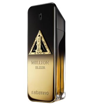 Paco Rabanne Million Elixir cologne bottle, featuring a glossy black and gold gradient design with a prominent gold triangular logo on the front.