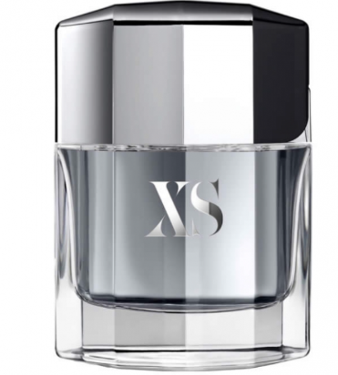 Paco Rabanne XS fragrance bottle with a reflective silver faceted glass body, a black cap, and a silver 'XS' logo on the front.
