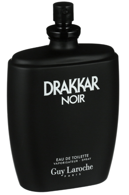 Guy Laroche Drakkhar Noir Eau de Toilette spray bottle in matte black with white lettering, shown on a plain white background.