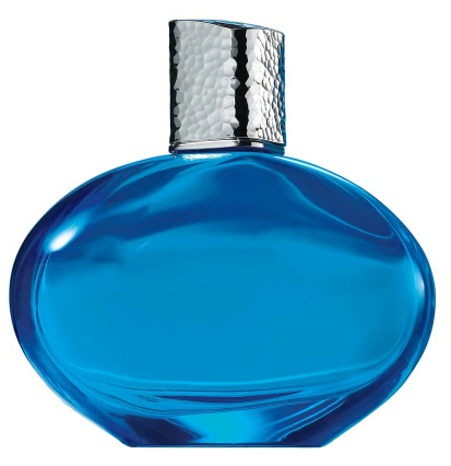 A blue glass perfume bottle with a textured silver cap, shown against a plain white background.