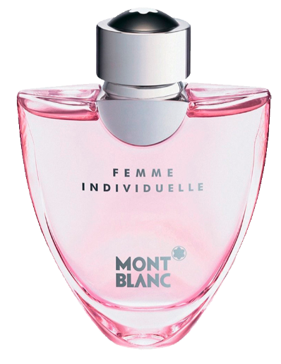 Mont Blanc Femme Individuelle perfume bottle in pink glass with a silver cap, on a white background.