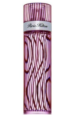 A Paris Hilton perfume bottle with a pink and purple wavy pattern and a silver band displaying the brand name.