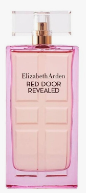 Elizabeth Arden Red Door Revealed Eau de Parfum bottle, featuring a pink textured glass body with a gold spray nozzle and a clear rectangular cap, set against a plain white background.