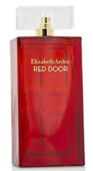 Elizabeth Arden Red Door perfume bottle, featuring a translucent red rectangular glass body with a gold spray nozzle and a clear cap, set against a plain white background.