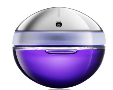 A spherical perfume bottle with a metallic silver top and a deep purple translucent lower half, shown on a plain white background.