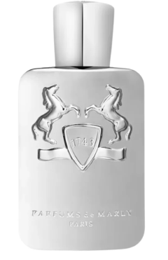 A silver-toned rectangular perfume bottle with a matching cylindrical cap, featuring an embossed shield with two rearing horses and the text '1743' and 'PARFUMS de MARLY PARIS' near the bottom.