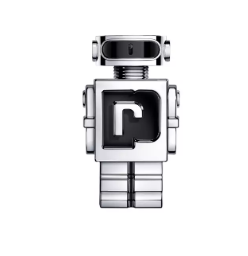 A metallic silver and black toy robot figure with a blocky head, rectangular body, and segmented legs, centered on a plain white background.